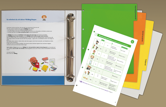 Die Ringmappe ist integraler Bestandteil des Lehrwerkskonzepts und der easy-Methode. Sie dient als (individuell befüllbare) Sammelmappe und als haptischer Englisch-Lernraum und Arbeitsplatz.