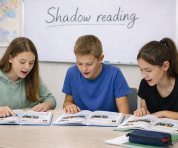 Zwei Schülerinnen und ein Schüler blicken in ihre Schulbücher und praktizieren das Aussprache-Training Shadow Reading