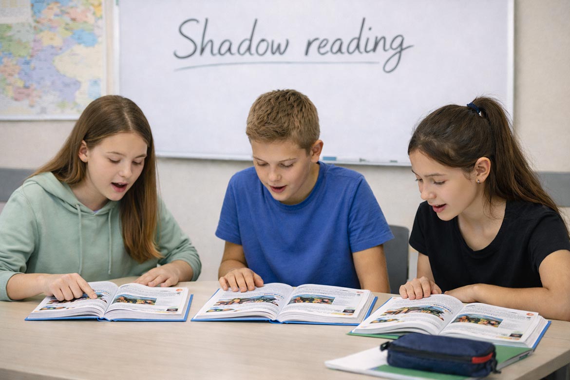 Zwei Schülerinnen und ein Schüler blicken in ihre Schulbücher und praktizieren das Aussprache-Training Shadow Reading