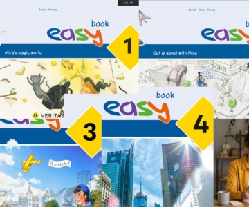 Collage aus den Covers von easy 1 bis 4 und einer lächelnden Lehrerin mit einem Tablet