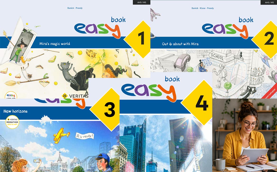 Collage aus den Covers von easy 1 bis 4 und einer lächelnden Lehrerin mit einem Tablet