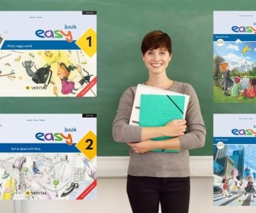 Lehrerin vor einer Kreidetafel mit den Covers von easy 1 bis easy 4 links und rechts von ihr
