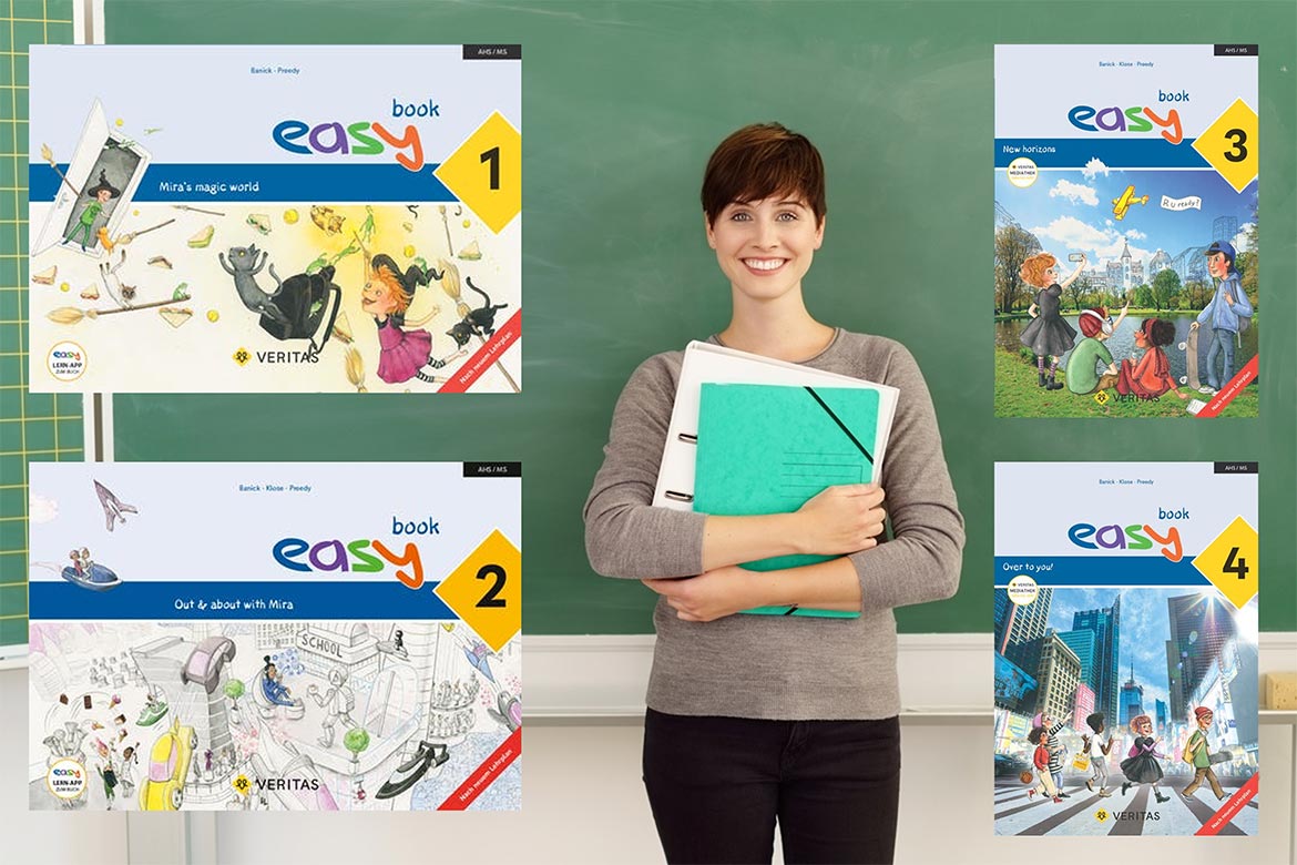 Lehrerin vor einer Kreidetafel mit den Covers von easy 1 bis easy 4 links und rechts von ihr